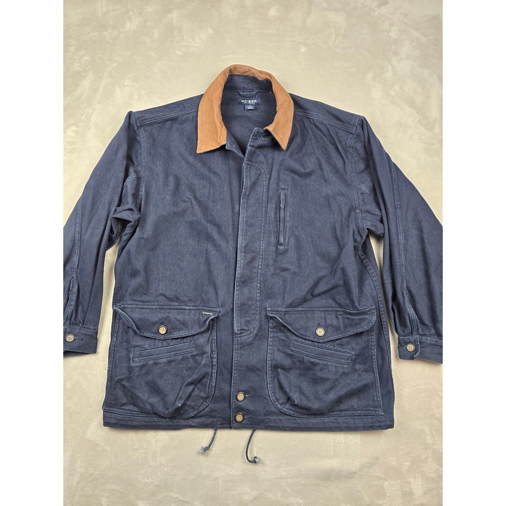 Vintage Guess Barn Chore Jacket Mens M Oversized Blue Canvas Full Zip Faded 1996